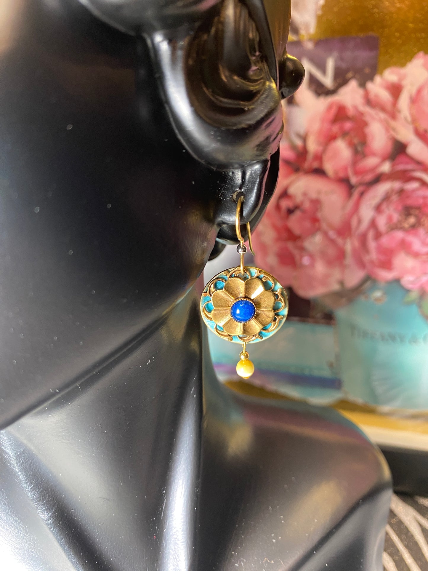 Blue Onyx Flower Boho Bohemian Earrings Surgical Steel