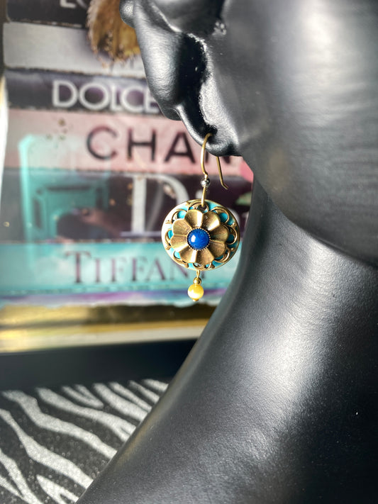 Blue Onyx Flower Boho Bohemian Earrings Surgical Steel