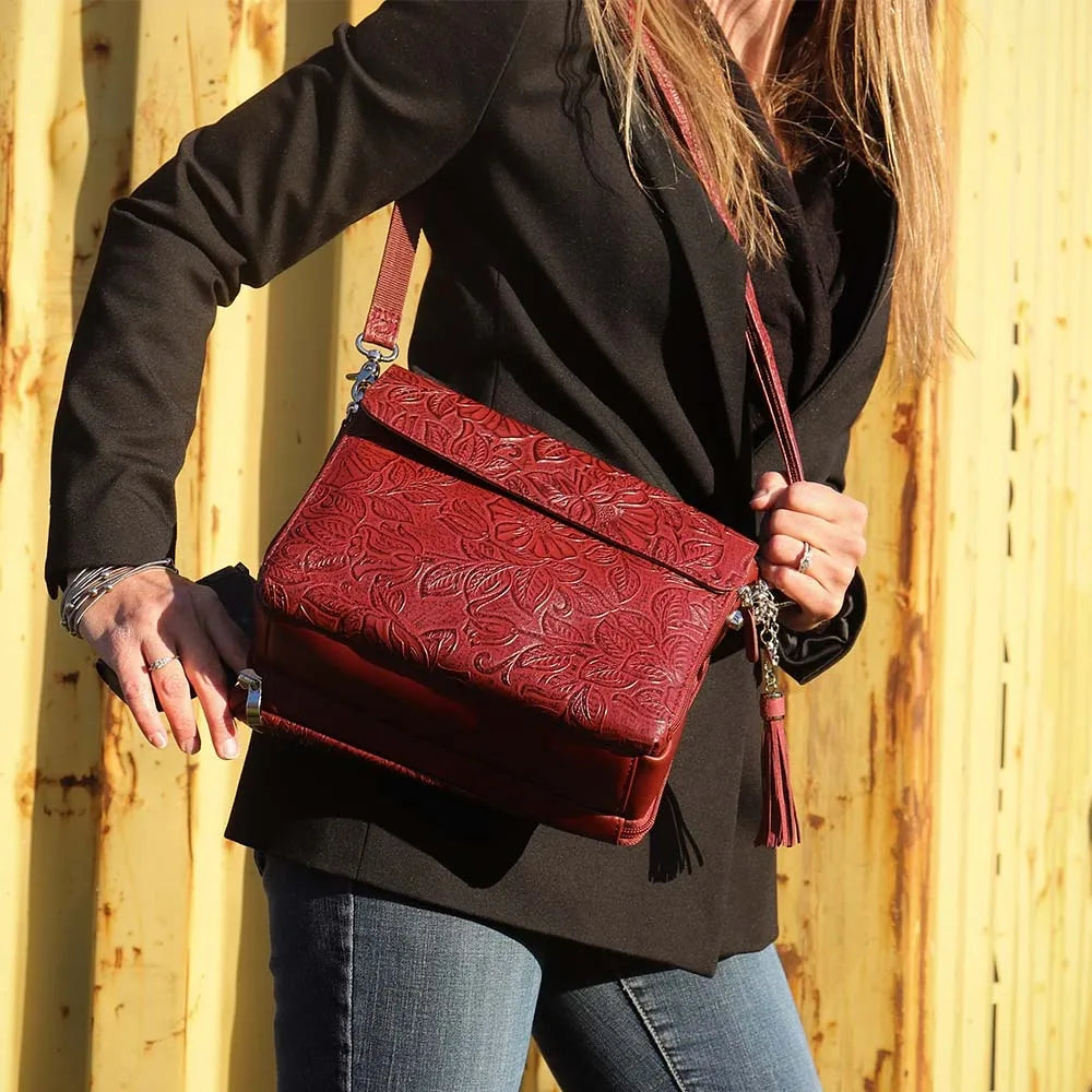 Tooled American Cowhide Clutch Dark Red
