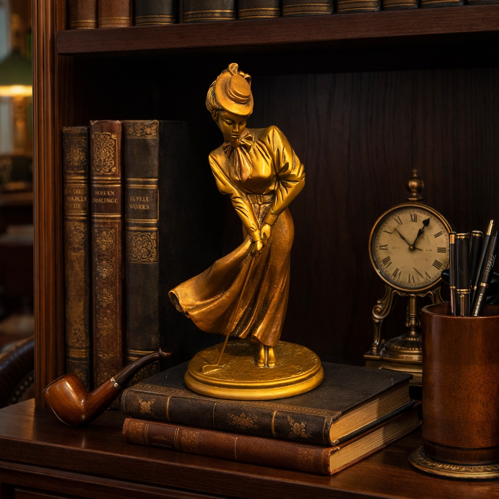 Alexsander Danel (Estonian, 1940 – 2001) Patinated Bronze Sculpture “Golf Playing Lady in 1920s Outfit”